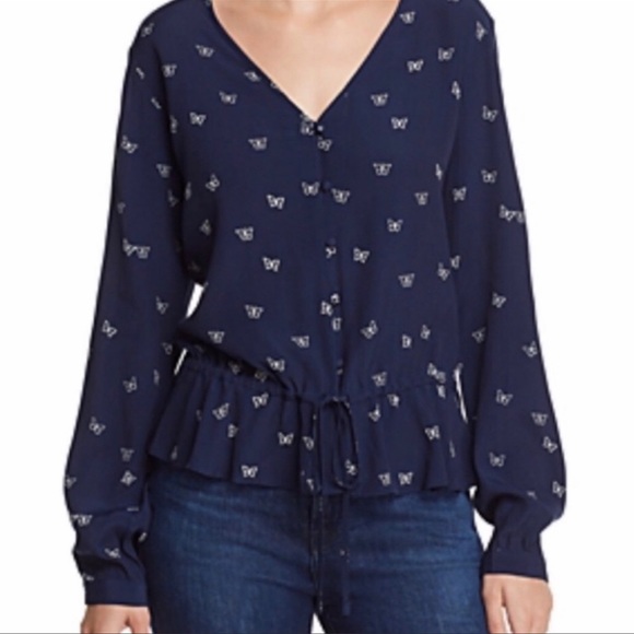 Rails Beaux Ruffle Waist Blouse In Navy White Butterflies NWOT (S) - Picture 1 of 9